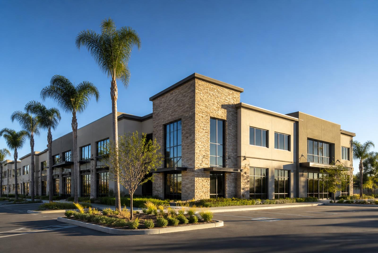 Modern low-rise commercial office building with stone and glass facade in Southern California afternoon light