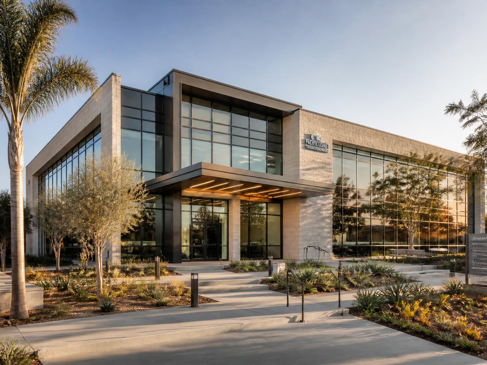 Modern two-story medical office building with stone and glass facade and landscaped entry