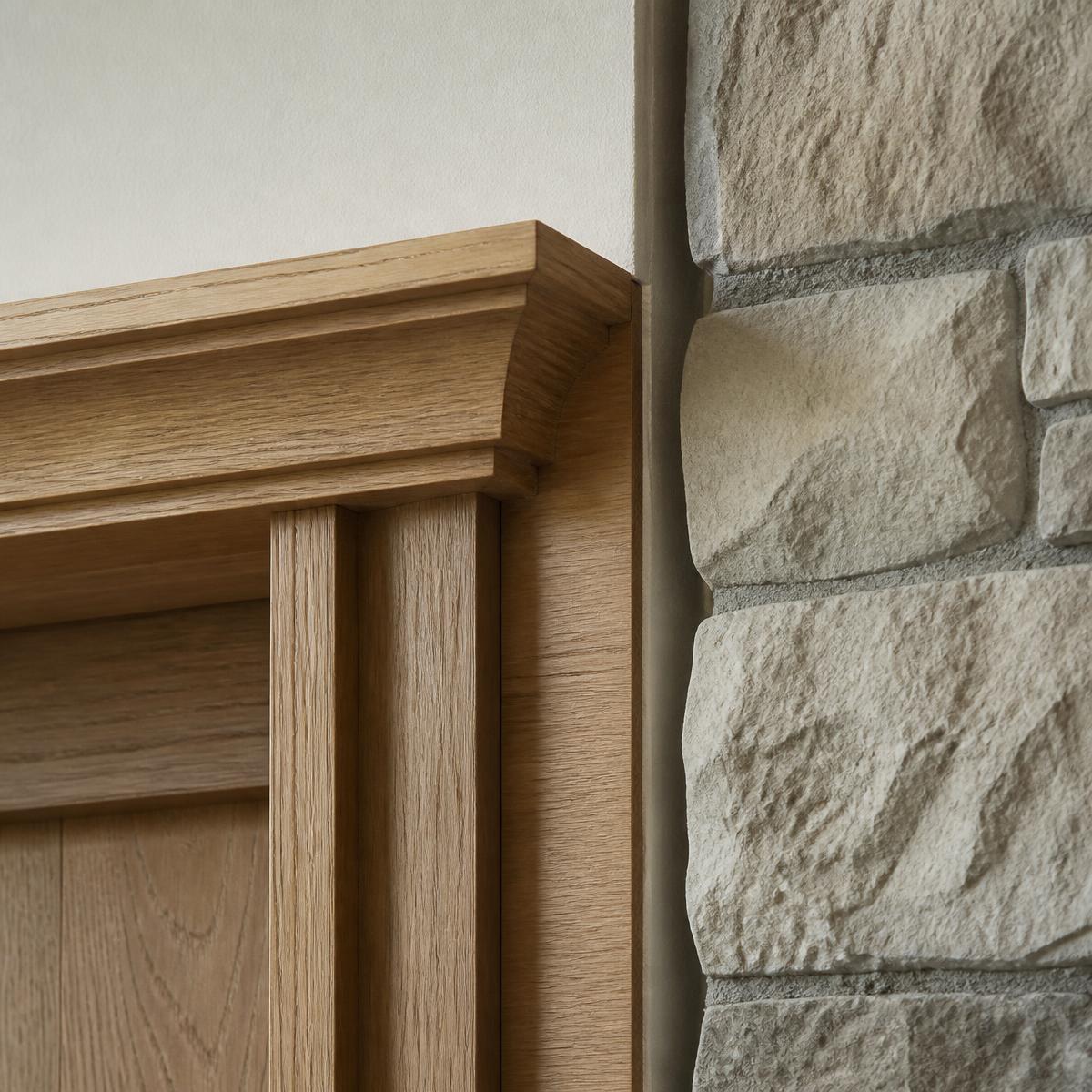 Custom white oak millwork meeting a cut stone wall with a fine plaster reveal