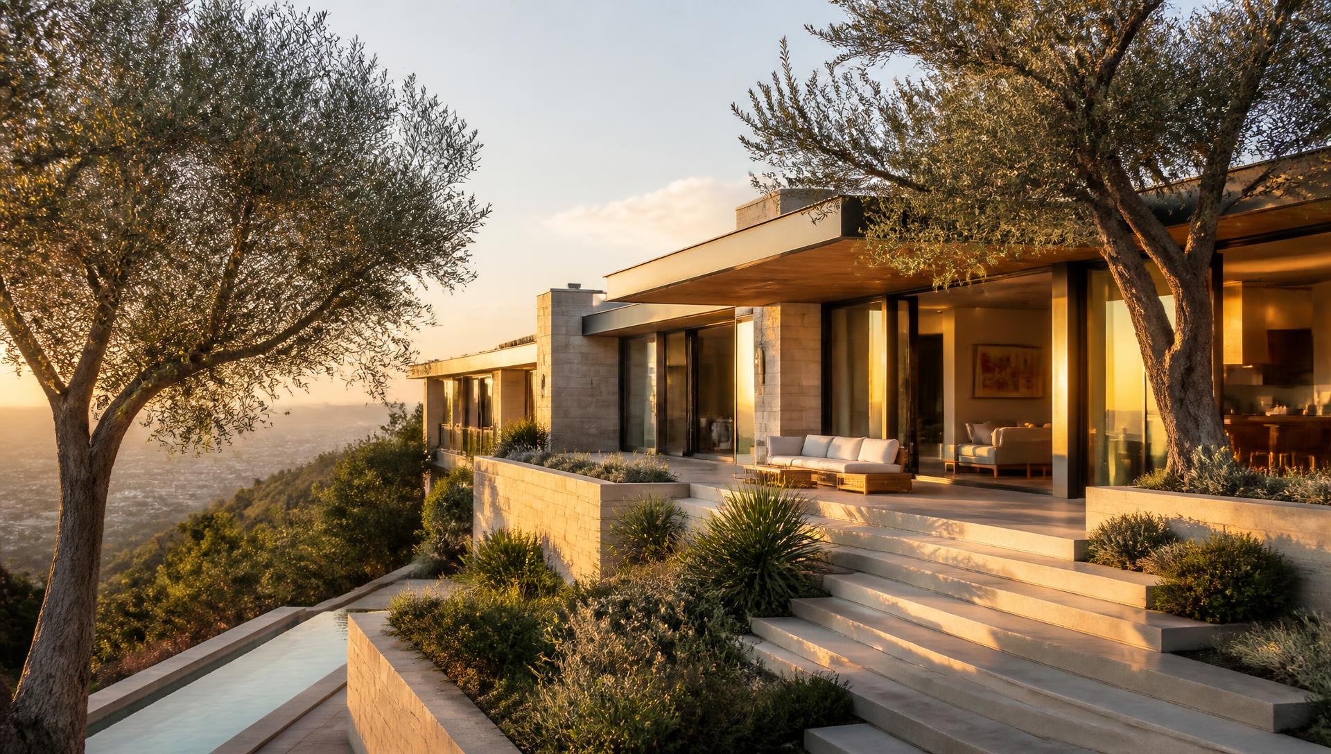 Warm modern Southern California hillside residence at golden hour with stone walls, deep overhangs and olive trees