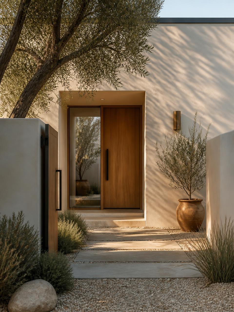 Plaster entry courtyard of a warm modern Los Angeles home with an oak door and olive tree